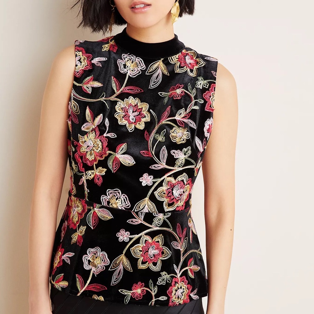 NWT Anthropologie Embroidered Luxe Velvet Top Size L Large